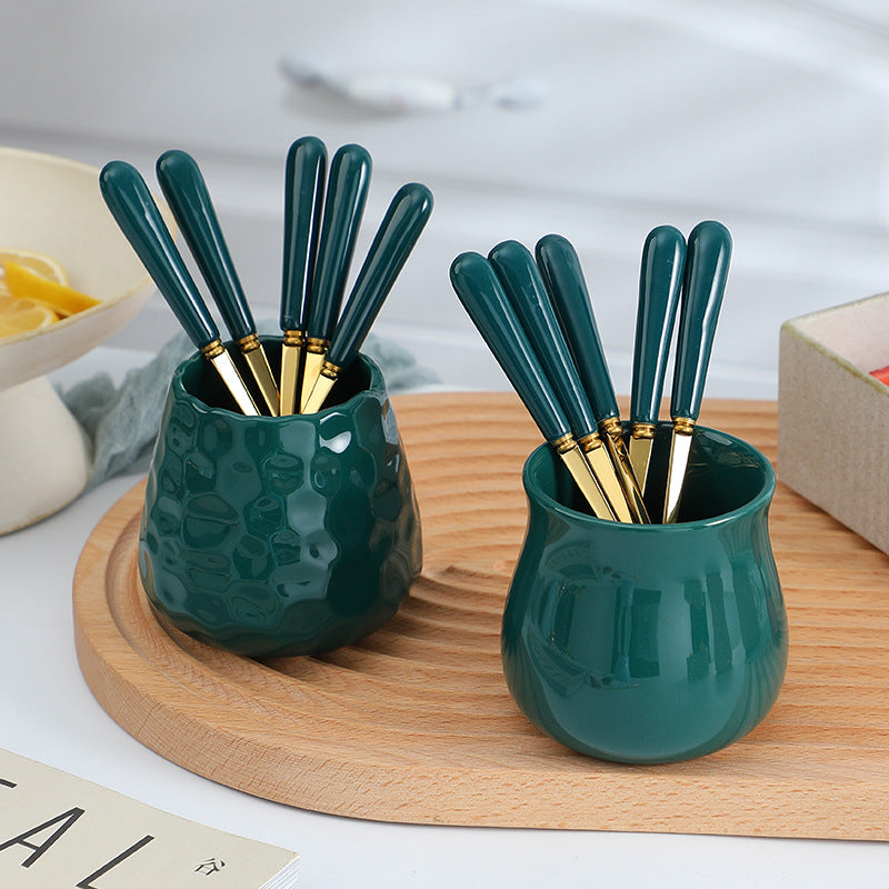 Nordic creative fruit fork spoon ceramic storage jar set - premium stainless steel fruit forks & home mooncake cutlery