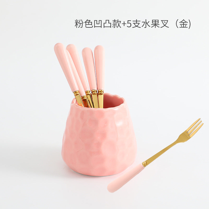 Nordic creative fruit fork spoon ceramic storage jar set - premium stainless steel fruit forks & home mooncake cutlery