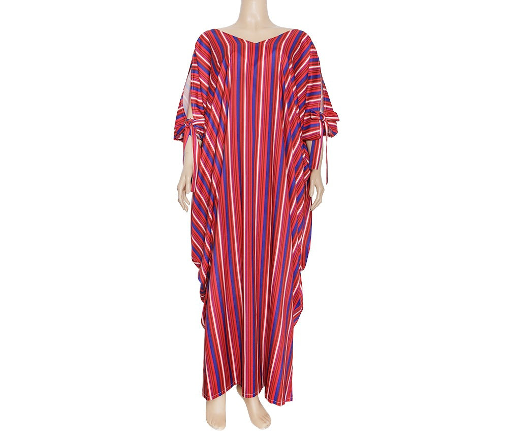 new plus size african women's vertical striped v-neck sexy loose fit cuffed sleeve tie-up  dress