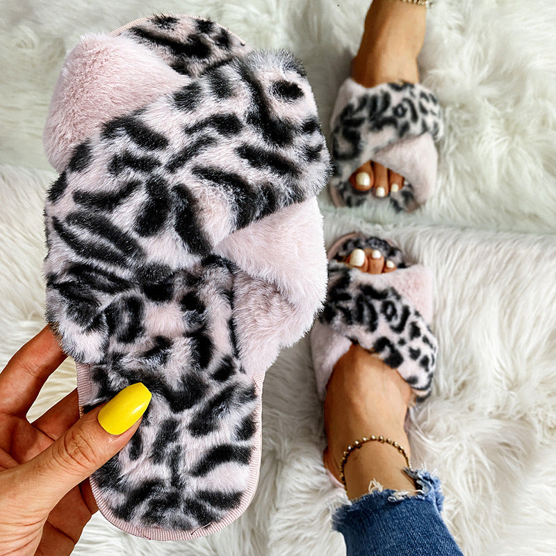 Leopard print criss-cross fuzzy slippers - women's autumn/winter home slippers, flat open-toe cotton slippers, european & american style, cross-border, warm floor slippers, trendy