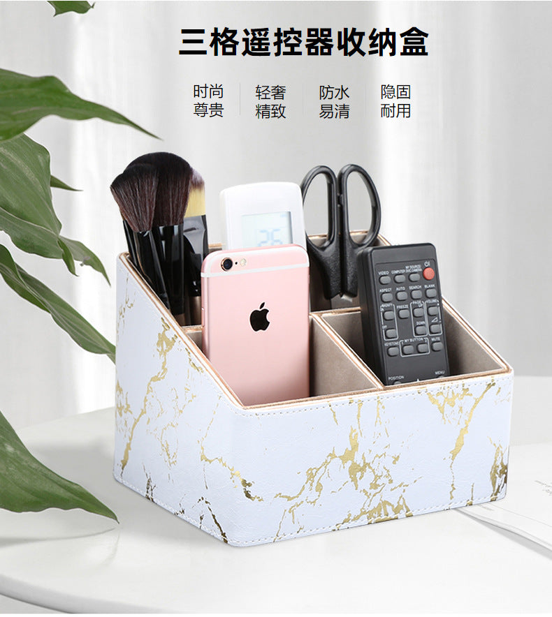 Creative multi-functional table surface leather storage box imitation marble pattern Phnom Penh three-grid remote control storage office large pen holder
