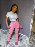 Factory hot sale: european & american style fashionable sexy butt-lifting slim-fit distressed pleated pocket micro-flare women's sweatpants