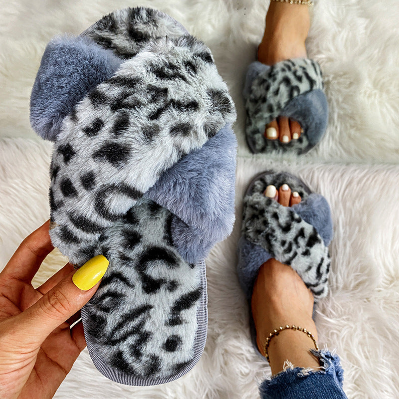 Leopard print criss-cross fuzzy slippers - women's autumn/winter home slippers, flat open-toe cotton slippers, european & american style, cross-border, warm floor slippers, trendy