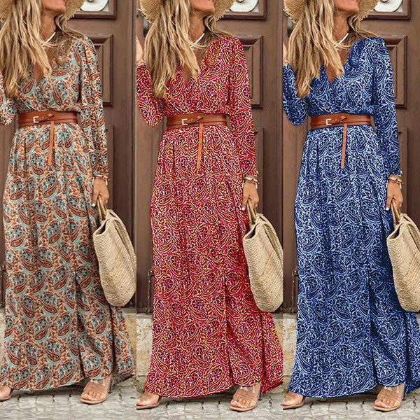 wishes European and American  autumn and winter long-sleeved V-neck bohemian floral dress women's mid-waist long dress
