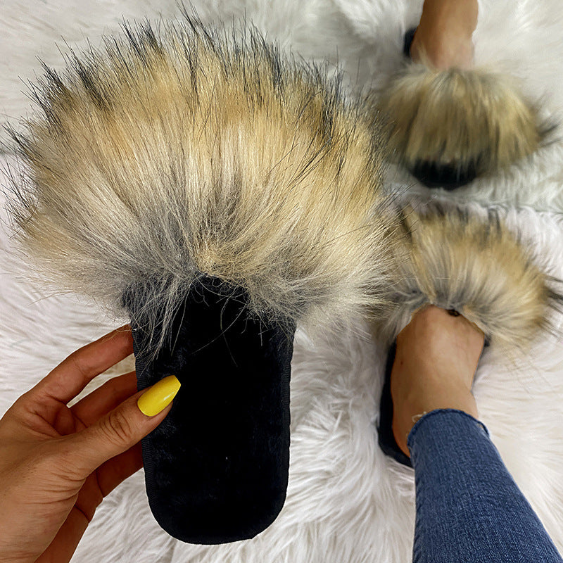 Wholesale indoor/outdoor faux fox fur slippers - women's warm one-strap fuzzy slippers - dropshipping available