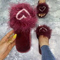 Fuzzy slippers women's 2024 autumn/winter new korean style fashionable outdoor wear one-strap flat heart-shaped rhinestone fuzzy slippers