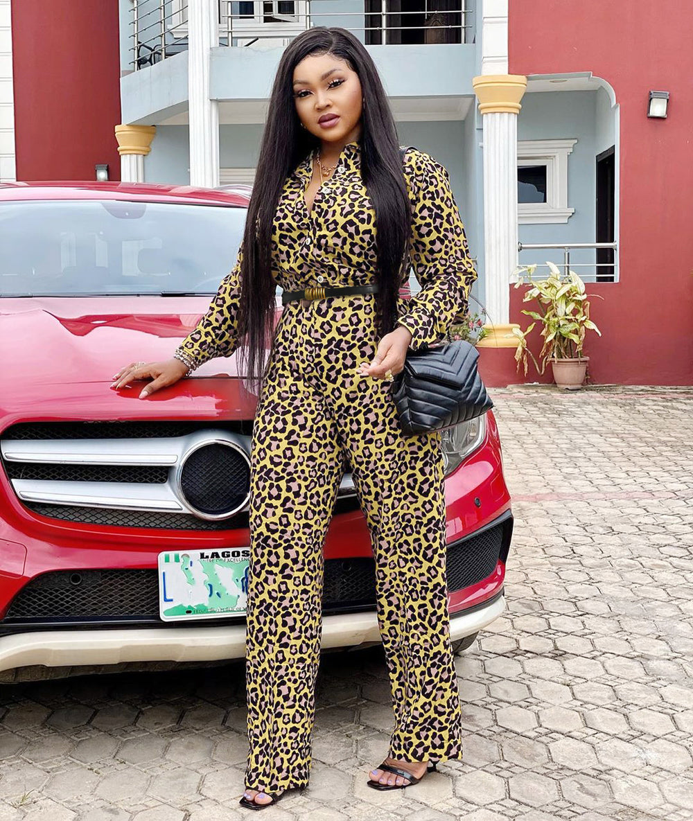 African women's plus size european and american cross-border sourcing slimming loose leopard print fashion casual jumpsuit with belt