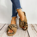 Leopard print criss-cross fuzzy slippers - women's autumn/winter home slippers, flat open-toe cotton slippers, european & american style, cross-border, warm floor slippers, trendy