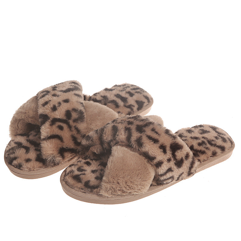 Leopard print criss-cross fuzzy slippers - women's autumn/winter home slippers, flat open-toe cotton slippers, european & american style, cross-border, warm floor slippers, trendy