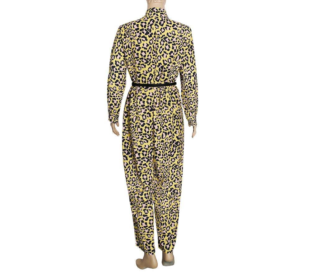 African women's plus size european and american cross-border sourcing slimming loose leopard print fashion casual jumpsuit with belt