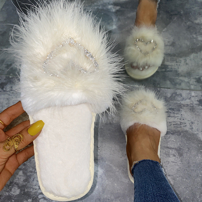 Fuzzy slippers women's 2024 autumn/winter new korean style fashionable outdoor wear one-strap flat heart-shaped rhinestone fuzzy slippers