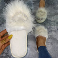 Fuzzy slippers women's 2024 autumn/winter new korean style fashionable outdoor wear one-strap flat heart-shaped rhinestone fuzzy slippers