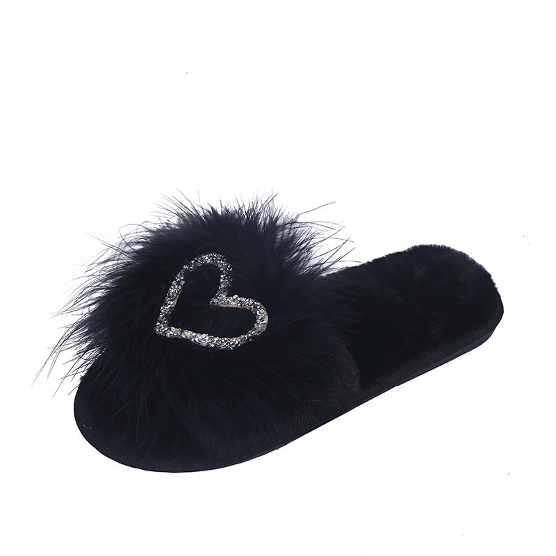 Fuzzy slippers women's 2024 autumn/winter new korean style fashionable outdoor wear one-strap flat heart-shaped rhinestone fuzzy slippers
