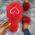 Fuzzy slippers women's 2024 autumn/winter new korean style fashionable outdoor wear one-strap flat heart-shaped rhinestone fuzzy slippers