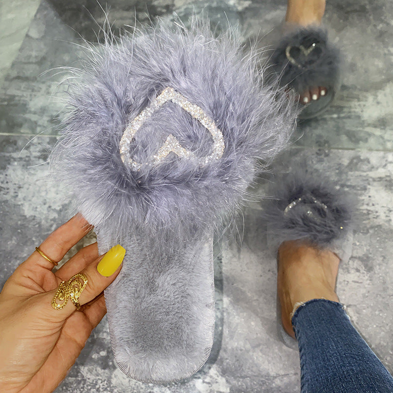 Fuzzy slippers women's 2024 autumn/winter new korean style fashionable outdoor wear one-strap flat heart-shaped rhinestone fuzzy slippers