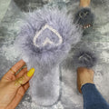 Fuzzy slippers women's 2024 autumn/winter new korean style fashionable outdoor wear one-strap flat heart-shaped rhinestone fuzzy slippers