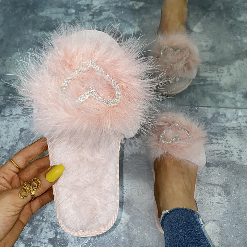 Fuzzy slippers women's 2024 autumn/winter new korean style fashionable outdoor wear one-strap flat heart-shaped rhinestone fuzzy slippers