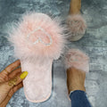 Fuzzy slippers women's 2024 autumn/winter new korean style fashionable outdoor wear one-strap flat heart-shaped rhinestone fuzzy slippers
