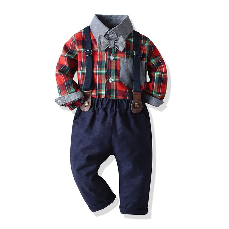 Exportfall and winternew arrivalchildren's clothingsuitboys single flap pocket pantscolorblockgentlemansuitkids shirtlong sleeves suspenders