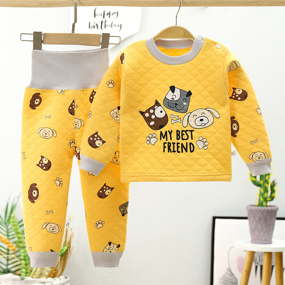 Winterpure cottonkidsheattechintimatessuit three-layer quilted baby high waist belly protection fleece-linedthickened autumn clothes and long trousers