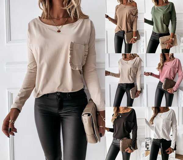 Wish  eBay explosion,  autumn and winter lace pocket long-sleeved T-shirt top primer women