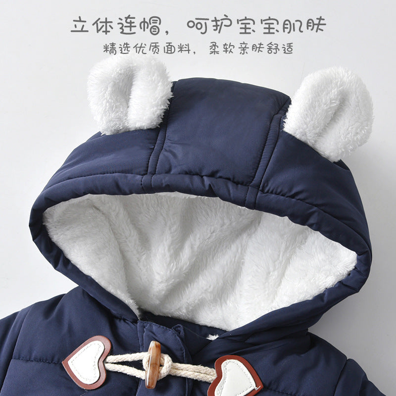 Ins baby winter clothing jumpsuit thickened quilted fleece-linedheattech baby cotton clothing children's clothing k-style hooded