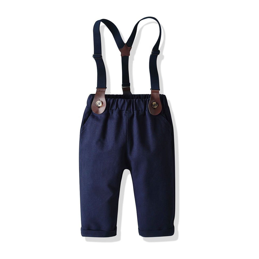 Exportfall and winternew arrivalchildren's clothingsuitboys single flap pocket pantscolorblockgentlemansuitkids shirtlong sleeves suspenders