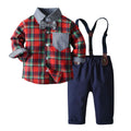 Exportfall and winternew arrivalchildren's clothingsuitboys single flap pocket pantscolorblockgentlemansuitkids shirtlong sleeves suspenders