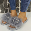 Fuzzy slippers women's 2024 autumn/winter new korean style fashionable outdoor wear one-strap flat heart-shaped rhinestone fuzzy slippers