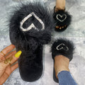 Fuzzy slippers women's 2024 autumn/winter new korean style fashionable outdoor wear one-strap flat heart-shaped rhinestone fuzzy slippers