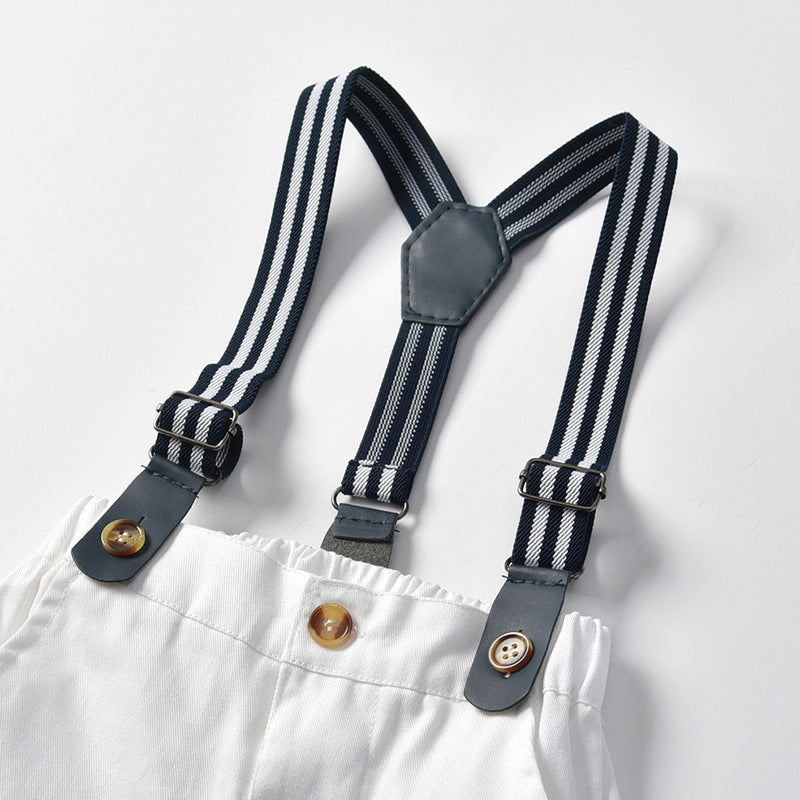 Export boys' summer suitkids gentleman's single flap pocket pants short sleeve t-shirt suspender shorts two-piece set children's clothing wholesale