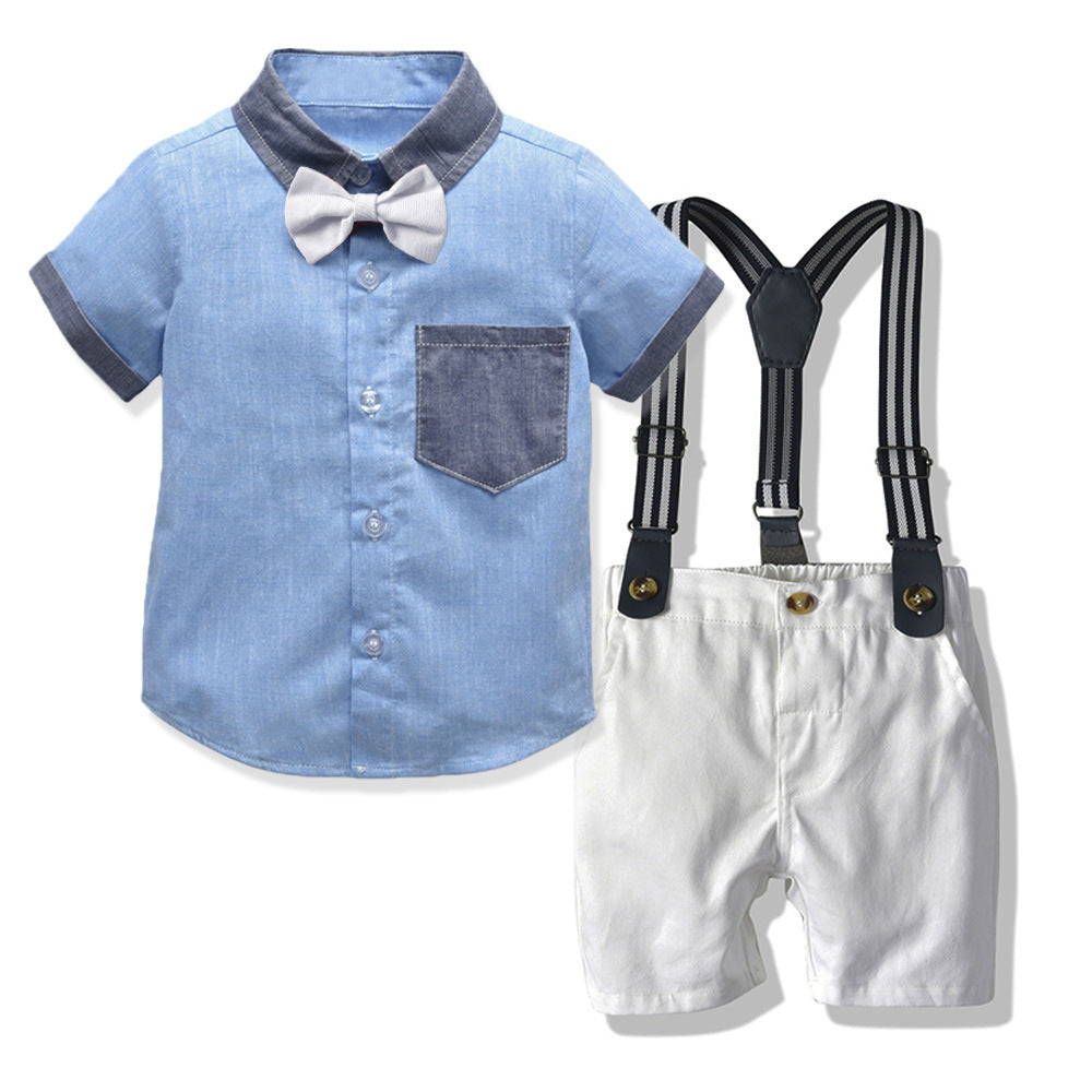 Export boys' summer suitkids gentleman's single flap pocket pants short sleeve t-shirt suspender shorts two-piece set children's clothing wholesale