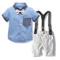 Export boys' summer suitkids gentleman's single flap pocket pants short sleeve t-shirt suspender shorts two-piece set children's clothing wholesale