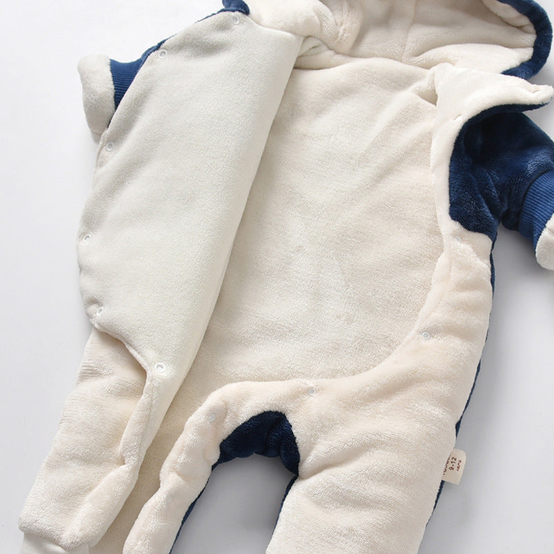 Newborn baby winter romper - bear embroidered, thickened hooded onesie, long sleeve baby crawling suit
