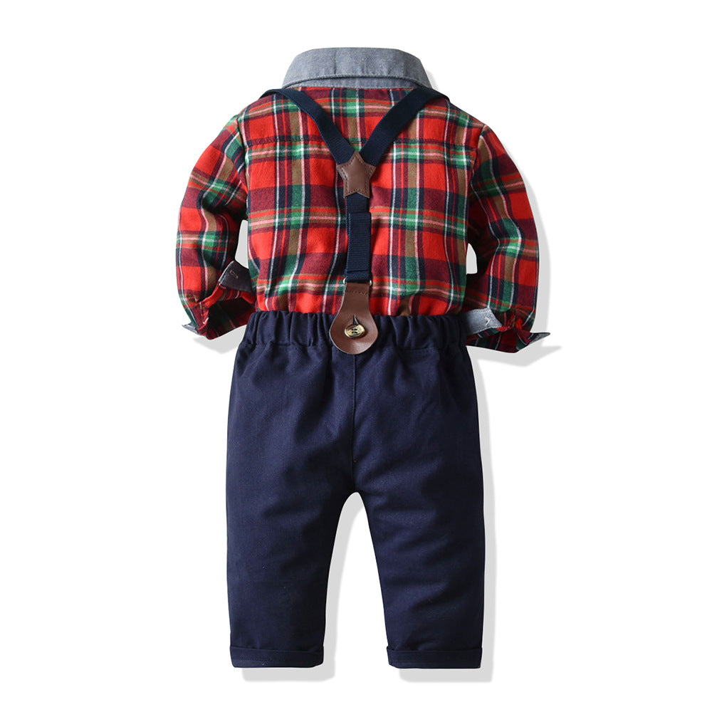Exportfall and winternew arrivalchildren's clothingsuitboys single flap pocket pantscolorblockgentlemansuitkids shirtlong sleeves suspenders