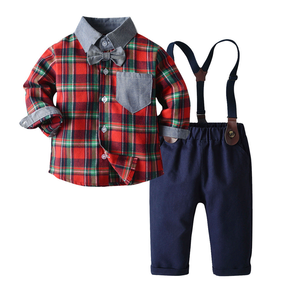 Exportfall and winternew arrivalchildren's clothingsuitboys single flap pocket pantscolorblockgentlemansuitkids shirtlong sleeves suspenders