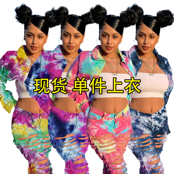 S3876 top,  European and American popular denim jacket women's clothing, tie-dye printing short hollow denim jacket