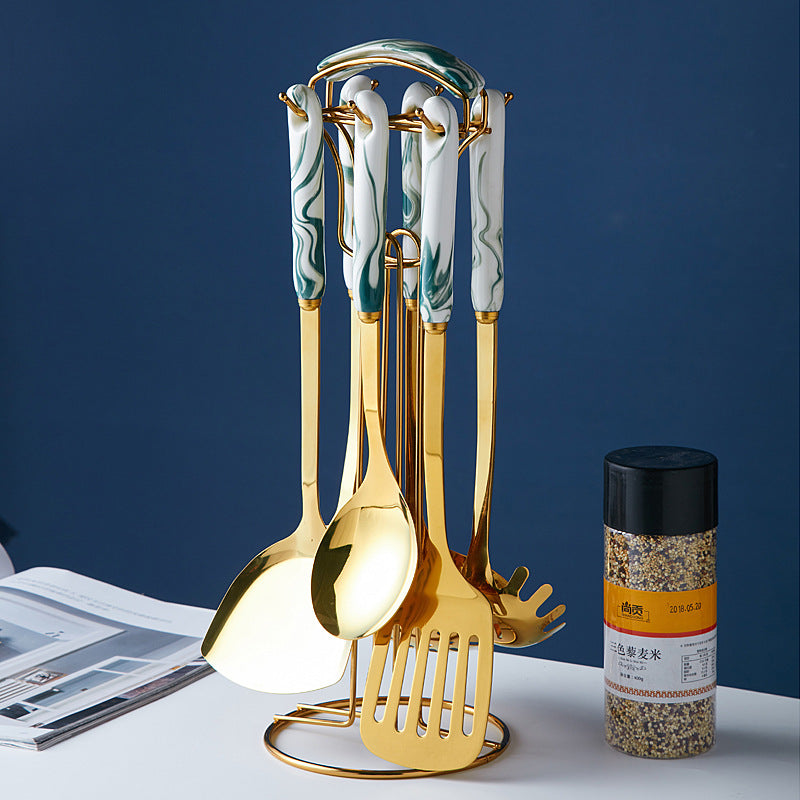 Luxury marble ceramic stainless steel kitchen utensils - nordic style cooking spoons, spatulas, and stainless steel kitchen tool set