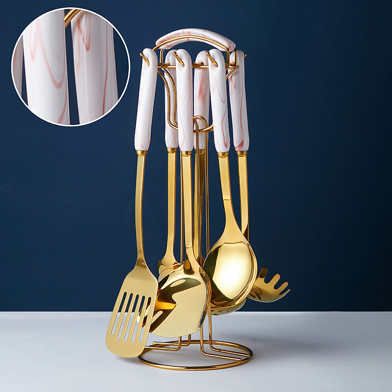 Luxury marble ceramic stainless steel kitchen utensils - nordic style cooking spoons, spatulas, and stainless steel kitchen tool set