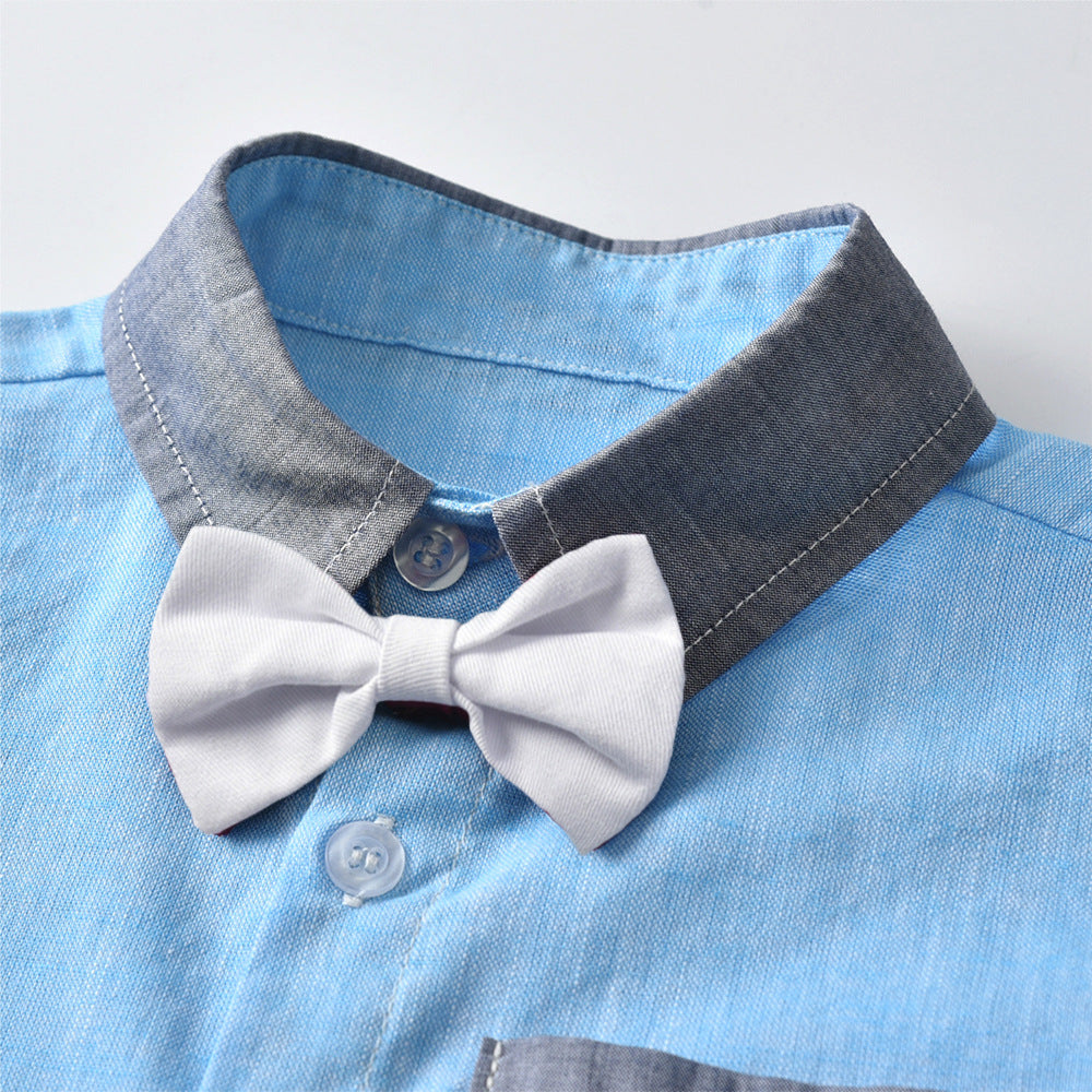 Export boys' summer suitkids gentleman's single flap pocket pants short sleeve t-shirt suspender shorts two-piece set children's clothing wholesale