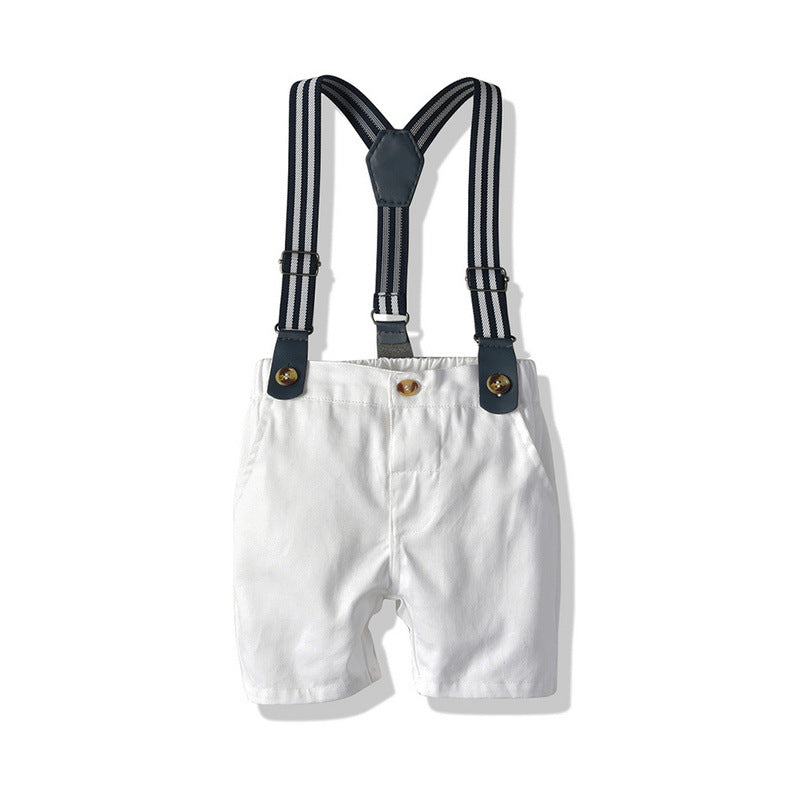 Export boys' summer suitkids gentleman's single flap pocket pants short sleeve t-shirt suspender shorts two-piece set children's clothing wholesale