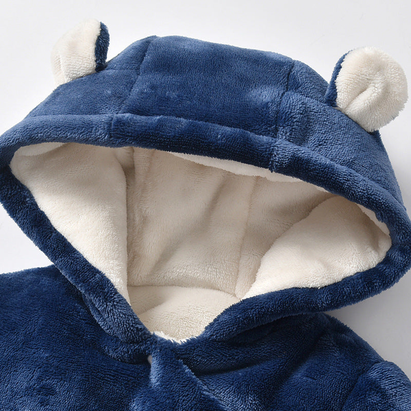 Newborn baby winter romper - bear embroidered, thickened hooded onesie, long sleeve baby crawling suit