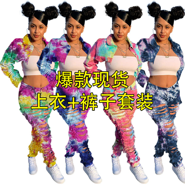 S3876 set,  casual denim two-piece set, autumn and winter,  tie-dye printed jacket and trousers set.