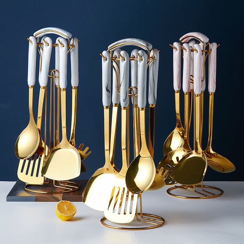 Luxury marble ceramic stainless steel kitchen utensils - nordic style cooking spoons, spatulas, and stainless steel kitchen tool set
