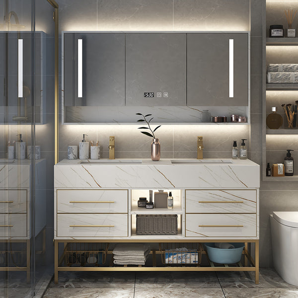 [Customized] Double basin bathroom cabinet Floor-to-ceiling rock slab integrated face wash hand basin cabinet Toilet smart mirror cabinet