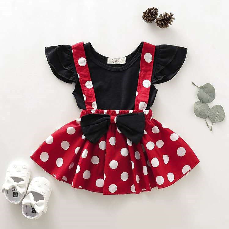 new girls' skirt set: solid color flutter sleeve top + polka dot suspender skirt - wholesale & dropshipping available