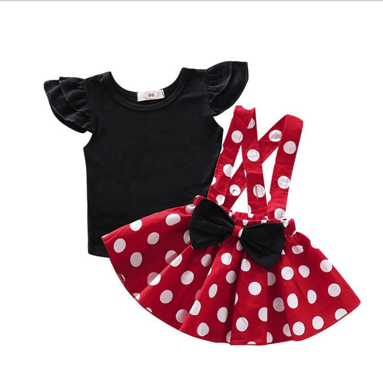 new girls' skirt set: solid color flutter sleeve top + polka dot suspender skirt - wholesale & dropshipping available