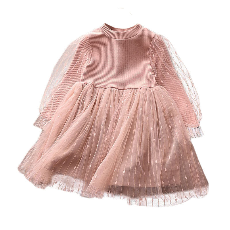 Insautumnew arrivalgirllong sleevessdressgirl stylesequin puff sleeveknitting gauze skirtkids skirt