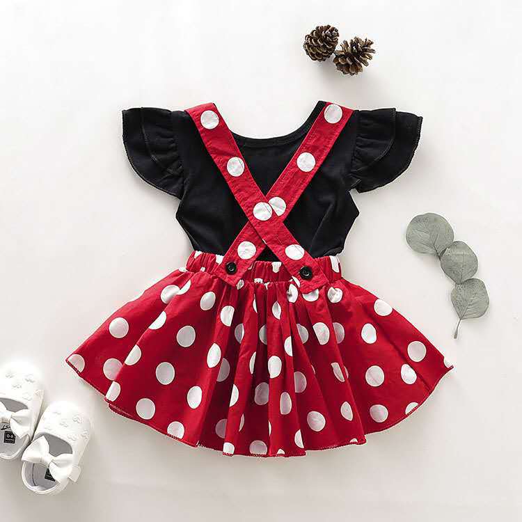 new girls' skirt set: solid color flutter sleeve top + polka dot suspender skirt - wholesale & dropshipping available