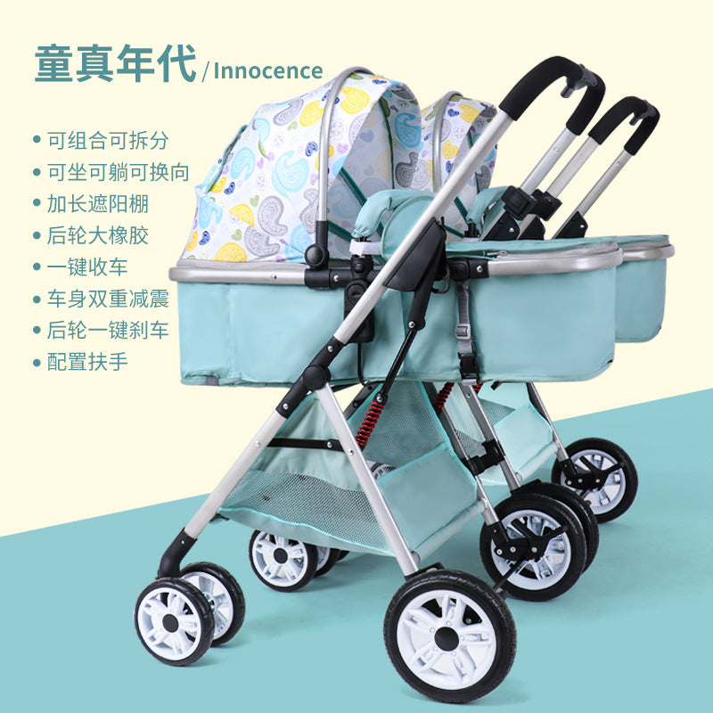 Wholesale double stroller: lightweight, high-view, convertible (sitting/reclining), detachable, foldable, twin baby pram